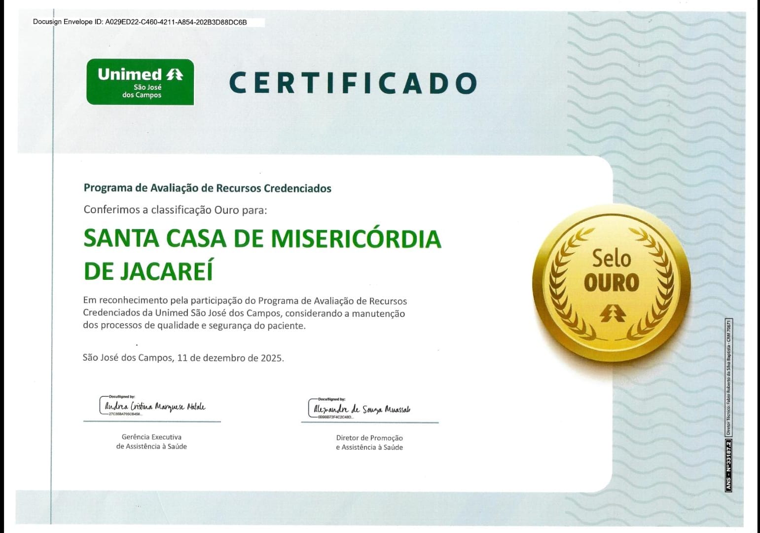 Santa Casa de Misericórdia de Jacareí é cerificada com o selo Ouro da Unimed